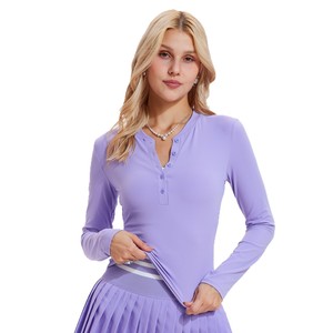 Haut de yoga à manches longues pour femmes, col Henley, coupe ajustée, chemise de sport pour l'entraînement - Product Image 5