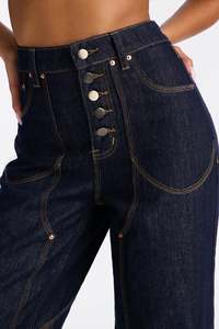 Jean taille haute pour femme, coupe large, avec fermeture boutonnée, empiècements contrastants, en denim, style vintage, dos ajusté, streetwear, vente en gros - Product Image 2