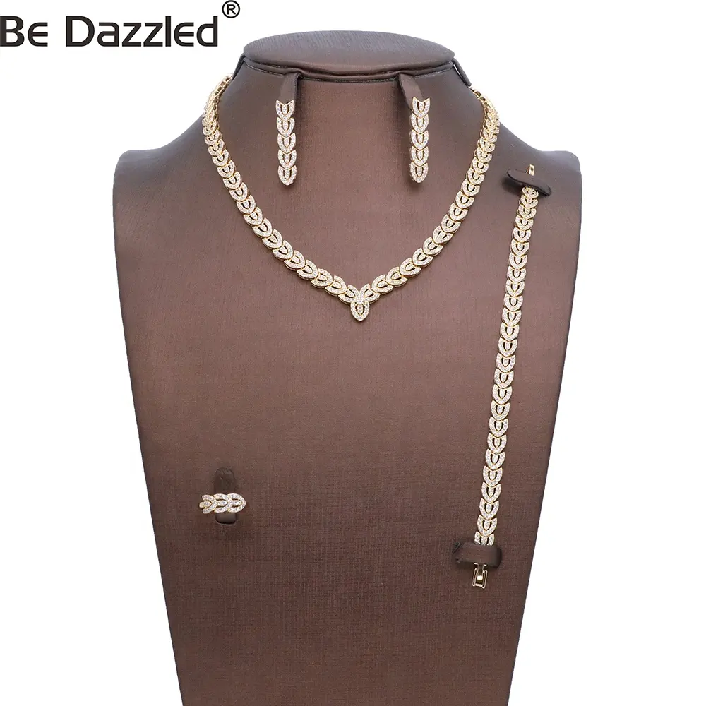 High quality Luxury Fashion Jewelry set 24k Gold Plated charm Necklace Bracelet Ring earring 4 pcs Copper Jewelry Sets