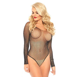 Bodysuit Color rosso <span class=keywords><strong>Nude</strong></span> e nero taglia unica in Nylon strass a maniche lunghe - Product Image 1