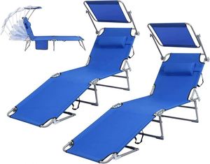Portable Beach <b>Chairs</b> Outdoor Folding Chaise Lounge With 5 Adjustable Positions <b>Rotatable</b> Canopy Shade Pocket Pillow - Product Image 1