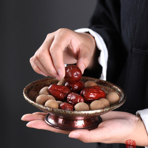 Purple Copper Wood Grain Gold Teapot Stand Handmade Hammered Round Tea Tray For Afternoon Tea - Product Image 3