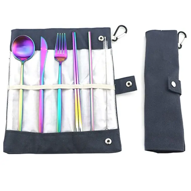 Travel metal cutlery set with portable pouch stainless steel flatware A variety of colors and shape are available
