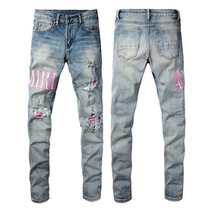 High Street Wind AM <b>Embroidered</b> <b>Jeans</b> <b>Men's</b> Ripped Elastic Slim Legs <b>Men</b> Denim <b>Jeans</b> Casual Distressed Streetwear Washed <b>Jeans</b> - Product Image 2