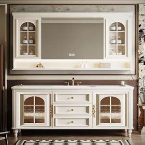 French Retro Style <strong>Bathroom</strong> Vanity with Single/Double Sink - Solid Wood <strong>Freestanding</strong> <strong>Bathroom</strong> Vanity Cabinet LED Defog <strong>Mirror</strong> - Product Image 3