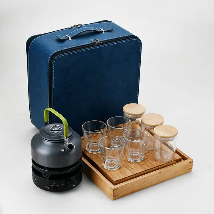 New design hot sale home outdoor camping travel glass coffee cup jar and bamboo melamine tray set with stove