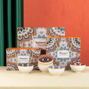 Ciotole in ceramica stile bohemien da 4.5 pollici con bacchette Set ciotola in porcellana Set ciotola di riso per regalo di natale