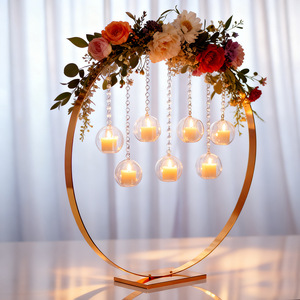 LANJO Round <b>Backdrop</b> <b>Stand</b> Golden Circle Wedding Arch Frame <b>with</b> Crystal Beaded Hanging Tealight Candle Holders - Product Image 2
