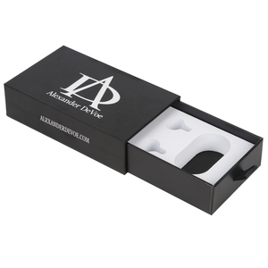 Custom logo cardboard gift box paper earphone box slim black sliding drawer box with handle