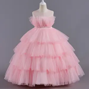 Mqatz vestido novo para menina rosa bolo inchado tule vestido crianças roupas festa aniversário bordado para 7 anos AL009