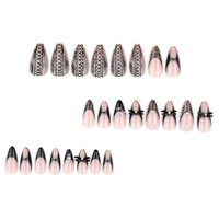 Faux ongles en amande à presser, couleur nude avec nœud en dentelle noire et perle, style gothique Y2K, pour femmes