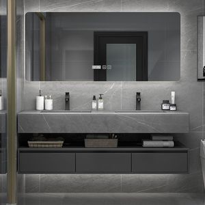 Nuevo lavabo de estilo hotelero con encimera de roca sin juntas y mueble para lavabo de baño - Product Image 3