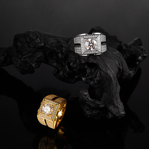 Men's Yellow <b>Gold</b> Plated Moissanite <b>Cocktail</b> <b>Ring</b> Round Brilliant Cut Geometric Design Pave Setting Luxury Style - Product Image 4