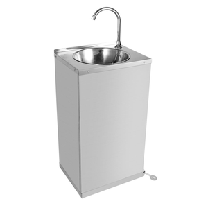 Station de lavage des mains <span class=keywords><strong>mobile</strong></span> en acier inoxydable avec pompe à pédale, revêtement en poudre de qualité alimentaire et finition polie - Product Image 1