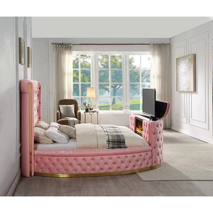 <span class=keywords><strong>Cama</strong></span> de TV de Lujo Europea Tapizada en Terciopelo con Almacenamiento, Cabecero Alto Curvo Tapizado con Acabado de Acero Inoxidable, Muebles de Dormitorio - Product Image 4