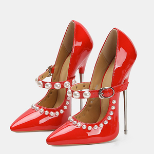 Sandales à talons aiguilles pour femme, grande taille 46, ultra-fines, en cuir verni, avec bride à perles et boucle, coupe large - Product Image 1