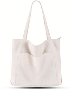 Reusable Solid Color Corduroy Tote <b>Bag</b> <b>Long</b> Handle Portable Personalized Zipper Closure Handbag Advertising Shopping <b>Bag</b> - Product Image 6