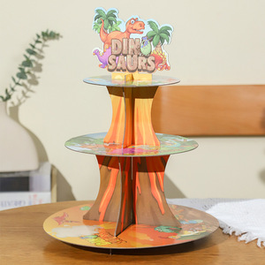 Lot de 2 plateaux ronds jetables en carton motif dinosaure excavateur pour gâteaux, idéal pour les fêtes d'anniversaire d'enfants, support de <span class=keywords><strong>table</strong></span> à desserts et à collations - Product Image 3