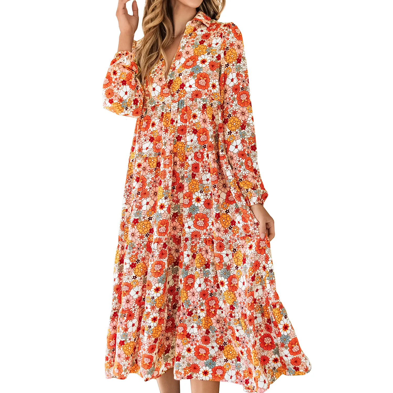 Großhandel Langarm Kragen Boho Blumen kleider Frauen Blumen druck Herbst kleid