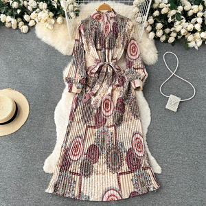 Robe plissée à manches longues imprimée indéfinie hiver automne femmes style de vacances robe plissée A-ligne - Product Image 6