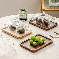 Plateau à beurre rectangulaire avec couvercle en verre et plateau en bois 17,8 cm, en acacia et bambou, pour fromage, dessert, cloche de service