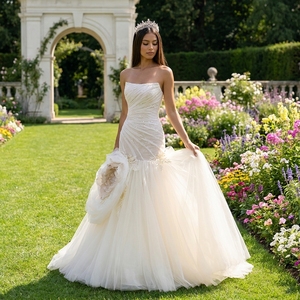 Spjy013 Elegant Ivory Satin Bridal <b>Gown</b> Ruched Bodice Beaded Tulle Mermaid Ball <b>Gown</b> Sweetheart Neck Watteau Train Wedding Dress - Product Image 1