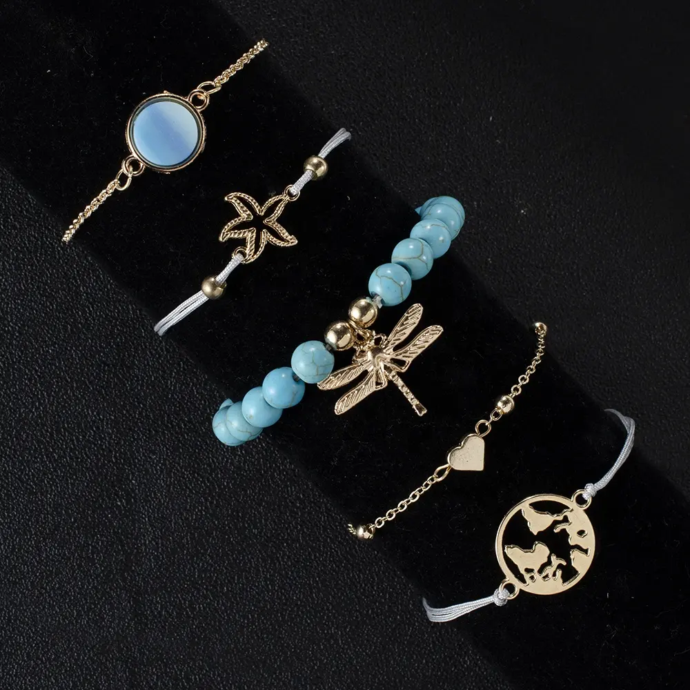 SinDlan Set Perhiasan Fashion Anak Perempuan, Gelang Elastis Manik-manik Biru Geometris Peta Bintang Ikan Capung dengan Manik-manik untuk Anak Perempuan Isi 5 Buah/Set