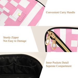 Sturdy Rhombus Pattern Cosmetic Bag, Portable <b>Makeup</b> <b>Case</b> with Brush Holder & Inner Compartments, Flat Packing Storage Pouch - Product Image 3
