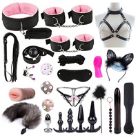Bondage Sexy en peluche 26 pièces menottes costume en cuir Sexy jeux pour adultes collier pinces à mamelon fouet produits sexuels