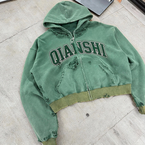 Streetwear Unisex Zip Hoodie Oversized Heavyweight Vintage 100% Cotton Zipper Hoodie Distressed Zip up Acid Wash Hoodie - Product Image 1