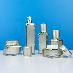In Stock Fancy Gold Skin Care Square <b>Plastic</b> Acrylic Cosmetic Packaging Cream <b>Jars</b> and Lotion Bottles - Product Image 1