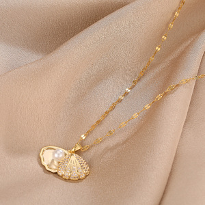 Versión coreana titanio acero no se decolora collar diamante incrustado moda Shell perla feminidad ventilador colgante para bodas - Product Image 4