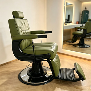 Green Modern <b>Reclining</b> Barber <b>Chair</b> Hydraulic Salon Styling <b>Chair</b> Massage Backrest Upholstered Adjustable Footrest Barber Shop - Product Image 4