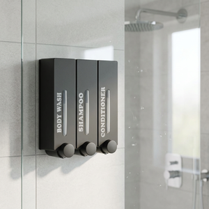 Distributeur de savon triple mural, pour gel douche, shampoing, après-shampoing, organisateur de salle de bain, style minimaliste en plastique noir - Product Image 3