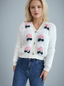 Knit <strong>Cardigan</strong> Women Fuzzy <strong>White</strong> 3D Crochet Rose V Neck Button Down Cropped Long Sleeve Soft Cozy Cute Fall Wholesale for <strong>Ladies</strong> - Product Image 2