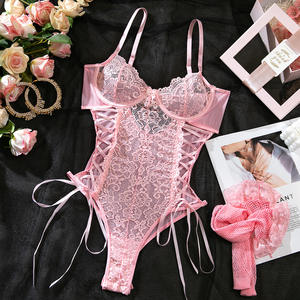 Lencería Sexy para Mujer, Body de Encaje Transparente con Medias, Lencería Rosa de Una Pieza con Aberturas y Vendaje - Product Image 5