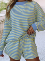 Fabricant de vêtements en gros sur mesure pour femmes, sweat-shirts à manches longues rayés et colorés, pull-over, short à taille élastique, ensemble deux pièces