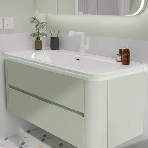 Pale green bathroom cabinet rounded-<b>corner</b> smart mirror cabinet white countertop washbasin suspended cabinet body - Product Image 5