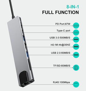 Hub <span class=keywords><strong>USB</strong></span>-<span class=keywords><strong>C</strong></span> haut de gamme 8-en-1, 7-en-1, 6-en-1, 5-en-1, 4-en-1, connexion <span class=keywords><strong>USB</strong></span> unique, station d'accueil HD SD <span class=keywords><strong>Type</strong></span> <span class=keywords><strong>C</strong></span> pour ordinateur portable <span class=keywords><strong>USB</strong></span> 3.0 - Product Image 4