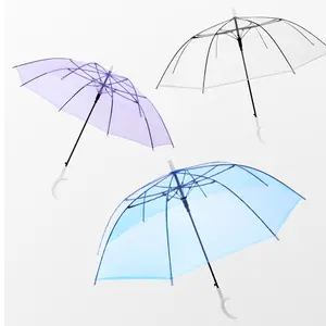 HJH429 Payung Transparan Warna Permen LOGO Kustom Gagang Lurus Panjang Otomatis Kreatif Payung Bening Hujan