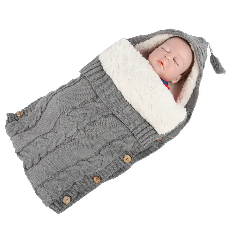 Newborn Winter Knit Hooded Swaddle Sweater Tassel Crochet Handmade Button Knitted Blanket Baby Wool Warm Sleeping Bags