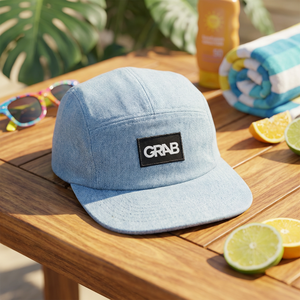 Cappello da corsa in denim a 5 pannelli con logo personalizzato, etichetta tessuta, visiera piatta, in cotone, alla moda, per campeggio, con chiusura snapback - Product Image 1