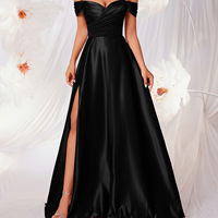 Nouvelle Robe de Soirée Noire en Satin Mat, Fendue, Élégante et Sexy, pour Soirées Annuelles et Dîners