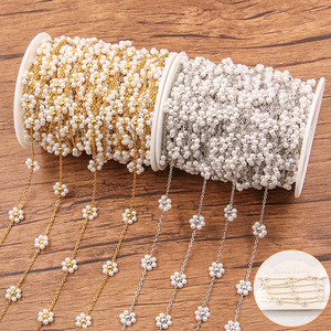Aceworks Pearl Flower Station Chain by Meter | 18K PVD Gold Plated Stainless Steel <b>Beaded</b> Link Chain Necklace <b>Bracelet</b> <b>Making</b> - Product Image 1