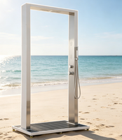 Douche extérieure LANO en acier inoxydable, très vendue, pour piscine ou jardin, avec tapis de bain en composite bois-plastique, douche extérieure
