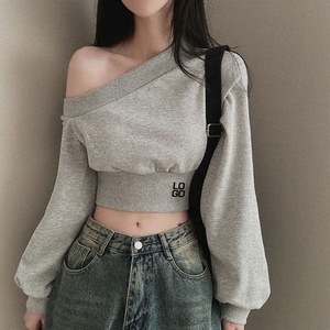 OEM Custom Logo <strong>Off</strong> <strong>the</strong> <strong>Shoulder</strong> Casual <strong>Jumper</strong> Long Sleeve Slash Neckline Pullover Cropped Tops Sweatshirt for Women Spring Fall - Product Image 1