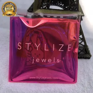 Kleine quadratische 8x8cm rosa PVC holo graphische Kunststoff-Reiß verschluss tasche mit weißem Logo für Juwelen Schmuck verpackungs beutel