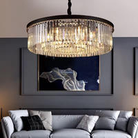 Lustre rond en cristal K9 transparent Zeal Lighting à hauteur réglable avec interrupteur, finition noire pour salon et hall