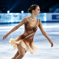 Robe de patinage artistique marron beige dégradé avec strass, dos en maille ajourée pour la compétition et les spectacles