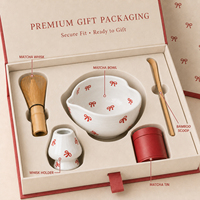 Ensemble de thé matcha japonais moderne et écologique avec logo personnalisé, vente en gros, 5 pièces : bol à matcha en céramique, fouet, support pour fouet, cuillère, boîte à thé